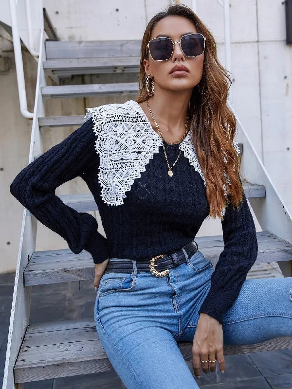Major Savings Cute Colorblock Contrast Collar Long Sleeve Peter Pan Collar Regular Women Sweater