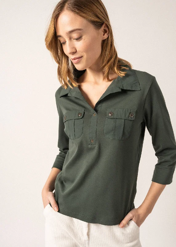 Deep Discounts Polo manches 3/4 Oléron - en coton, avec poches (VEGETAL)