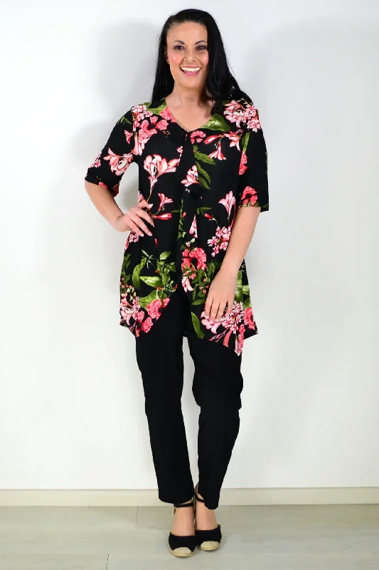 Price Rollback Black Tunic Top Pink Floral Print