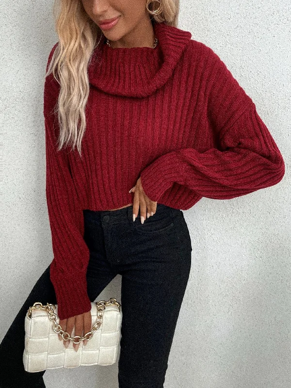 Now or Never Casual Plain Rib-Knit Long Sleeve Cowl Neck Crop Women Sweater