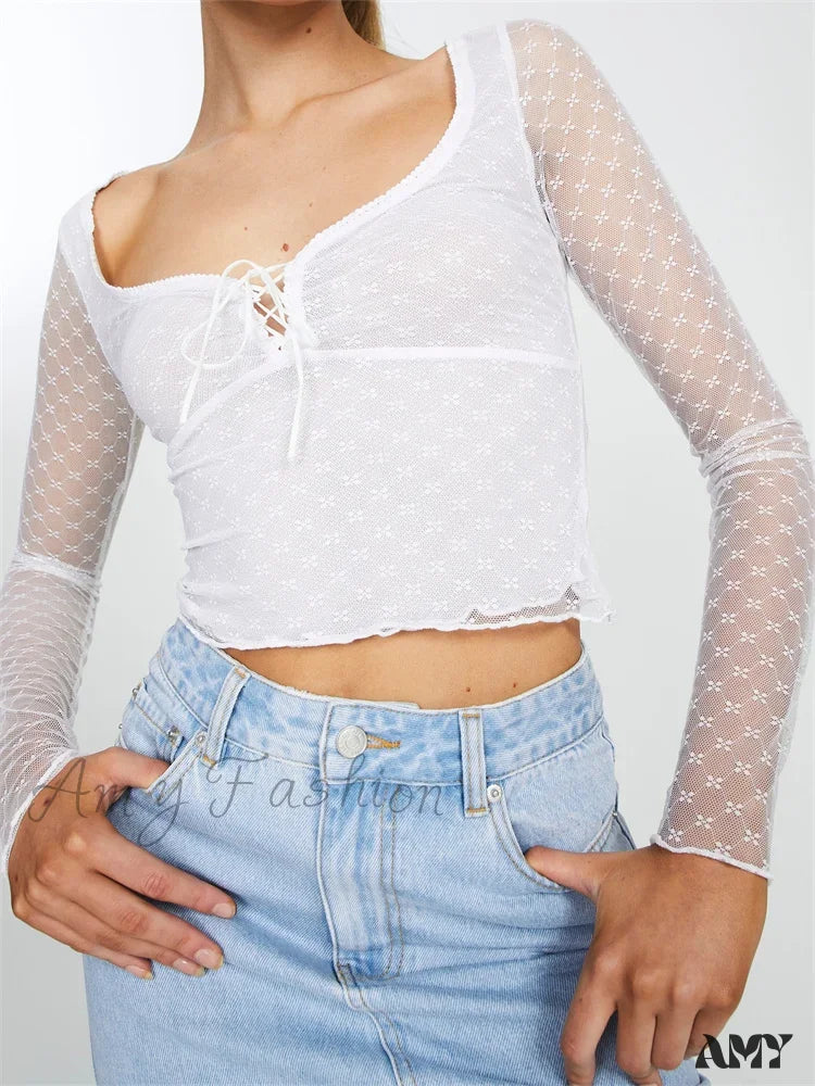Incredible Offers Amy Fashion - Long Sleeve  Lace Mesh See Through Tie-Up T-Shirts