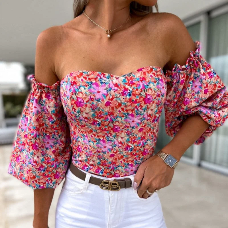 Reduced Prices Sexy Top Summer Off Shoulder Floral Blouse Women Boho Casual Backless Women's Blouses Holiday Elegant Tops Clothing C14587