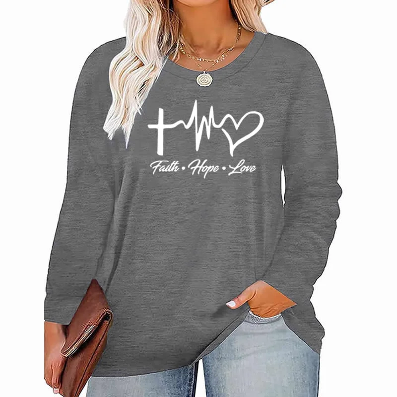 Clearance Sale faith Hope Love pattern Plus Size Women's Top Autumn X-Large-5X-Large woman clothes y2k t shirt oversized long sleeve tshirt