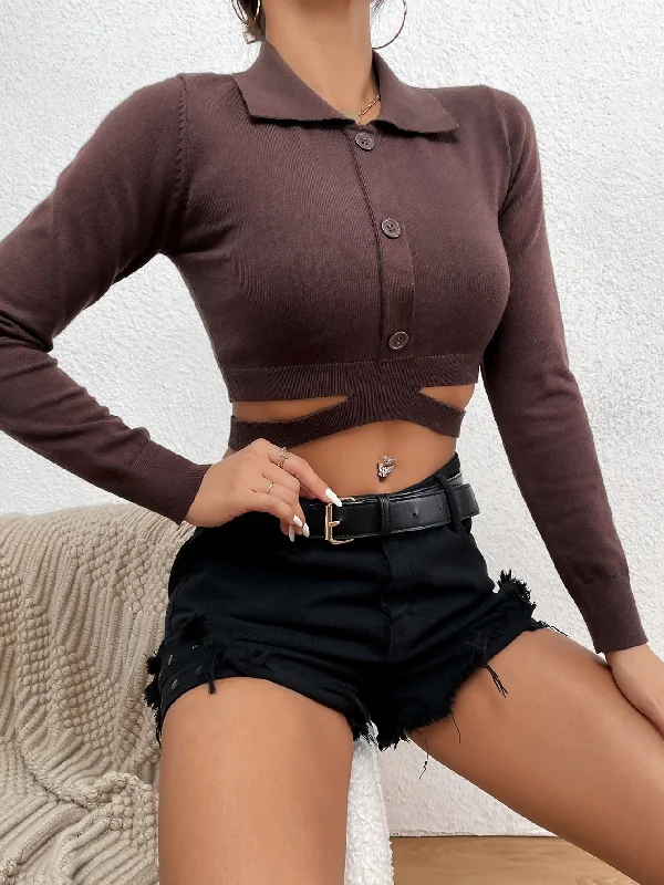 Huge Savings Casual Plain Button Front Long Sleeve Polo Crop Women Sweater