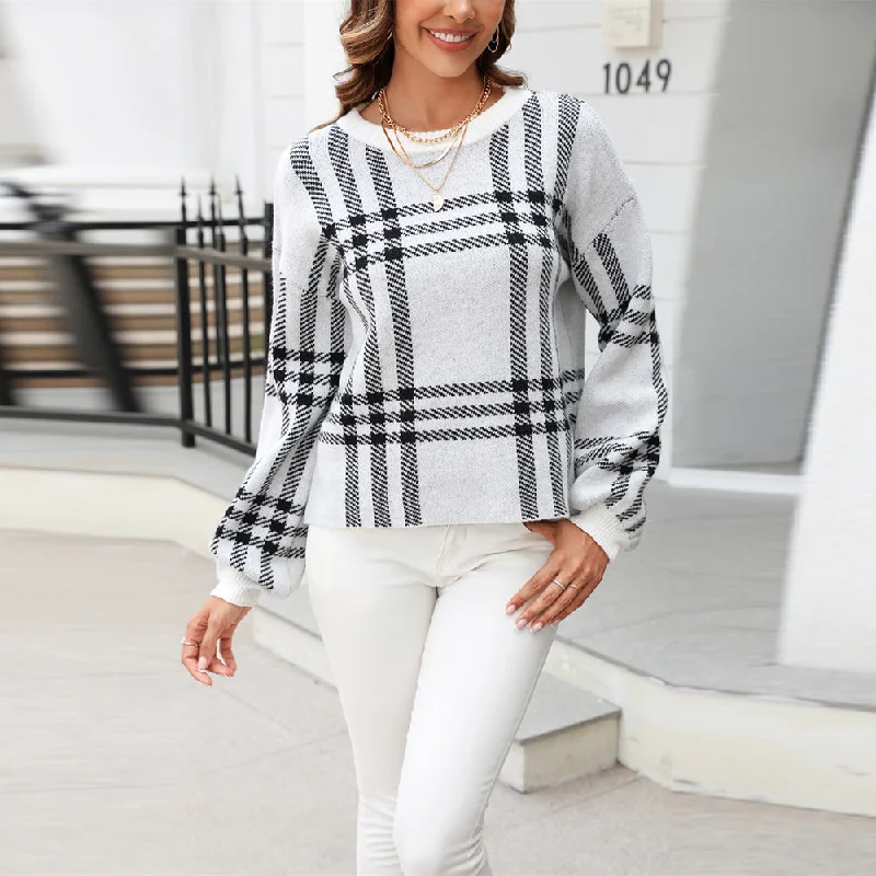Extra Savings Plaid Patchwork Pullover Crew Neck Sweater Wholesale Womens Clothing N3823070300171