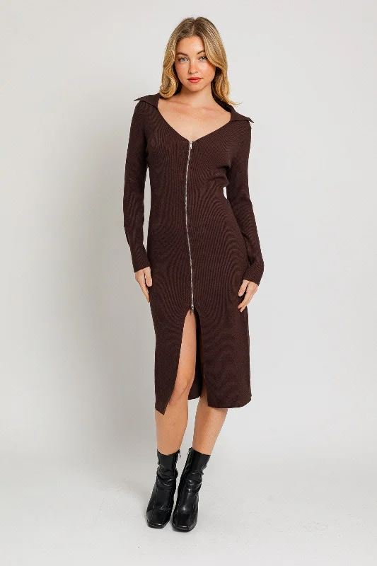 Weekend Specials to Delight Ribbed Zip Front Ribbed Collared Sweater Midi Dress