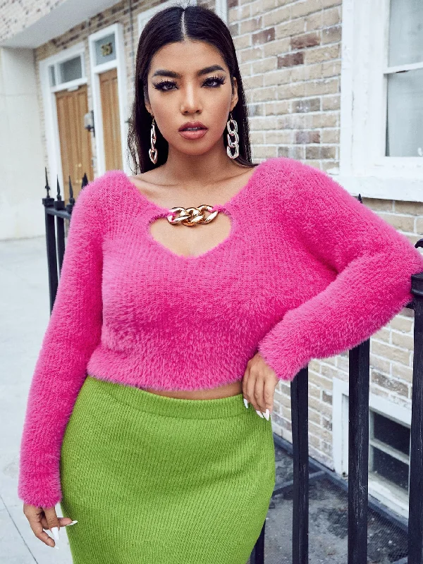 Today’s Deal Plain Ring Long Sleeve Keyhole Neckline Crop Plus Size Sweater