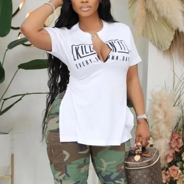 Time-Sensitive Letter Print Short Sleeve Sexy Slit T-Shirts Wholesale Womens Tops