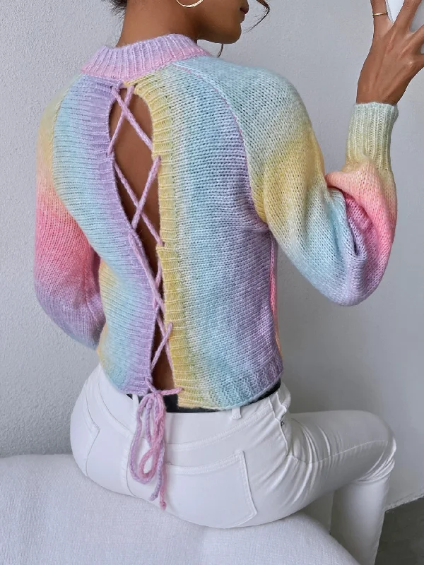 Special Buy Casual Ombre Lace Up Long Sleeve Stand Collar Crop Women Sweater