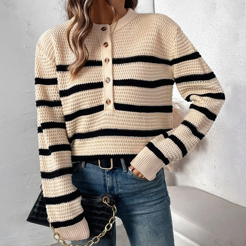 Massive Savings Button Detachable Striped Loose Sweater Wholesale Womens Clothing N3824091200027 Massive Savings Button Detachable Striped Loose Sweater Wholesale Womens Clothing N3824091200027
