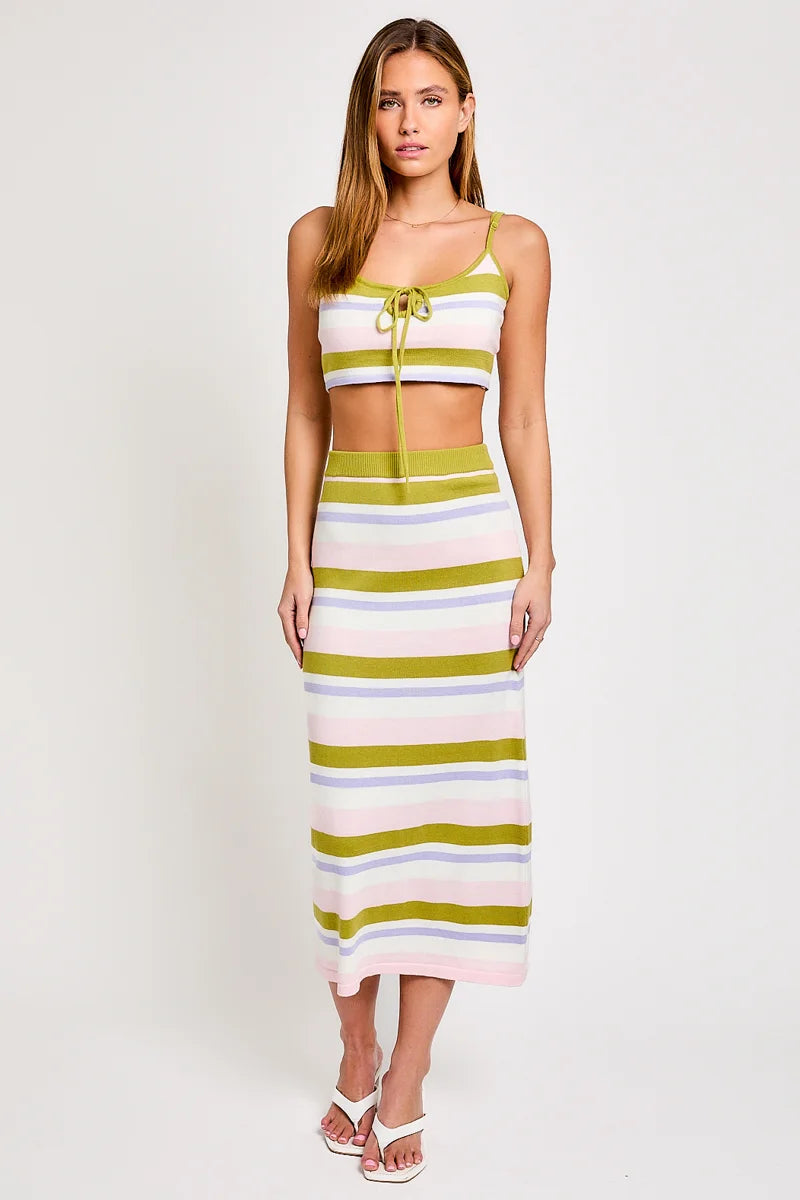 Weekend Savings Spectacular Striped Rib Sweater Crop Top & High Waist Midi Skirt Set