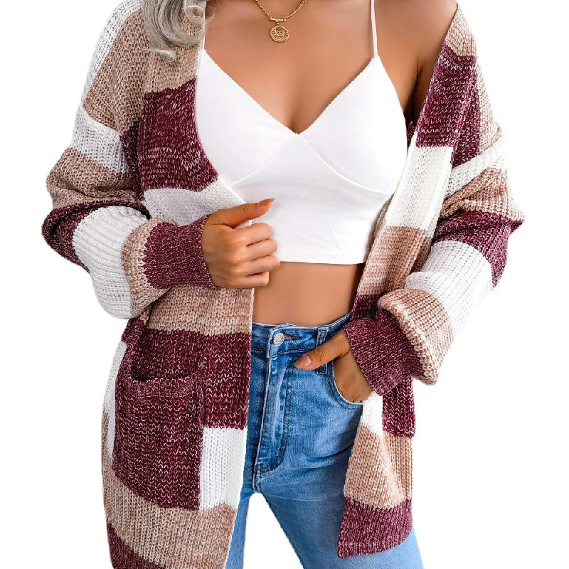 Great Bargain Contrast Striped Balloon Sleeve Cardigan Sweater Wholesale Womens Clothing N3823112200022