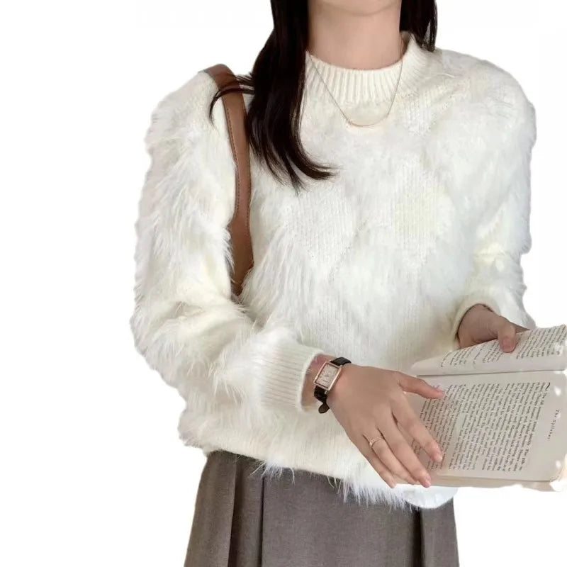 Bargain Prices 2024 spring and autumn high-quality fashion women's best-selling solid color plush long-sleeved crew-neck loose sweater Bargain Prices 2024 spring and autumn high-quality fashion women's best-selling solid color plush long-sleeved crew-neck loose sweater