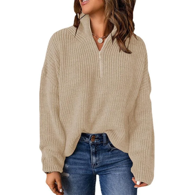 Weekend Bargains to Grab Loose Solid Colour Pullover High Neck Zip Knit Sweater Wholesale Womens Tops Weekend Bargains to Grab Loose Solid Colour Pullover High Neck Zip Knit Sweater Wholesale Womens Tops