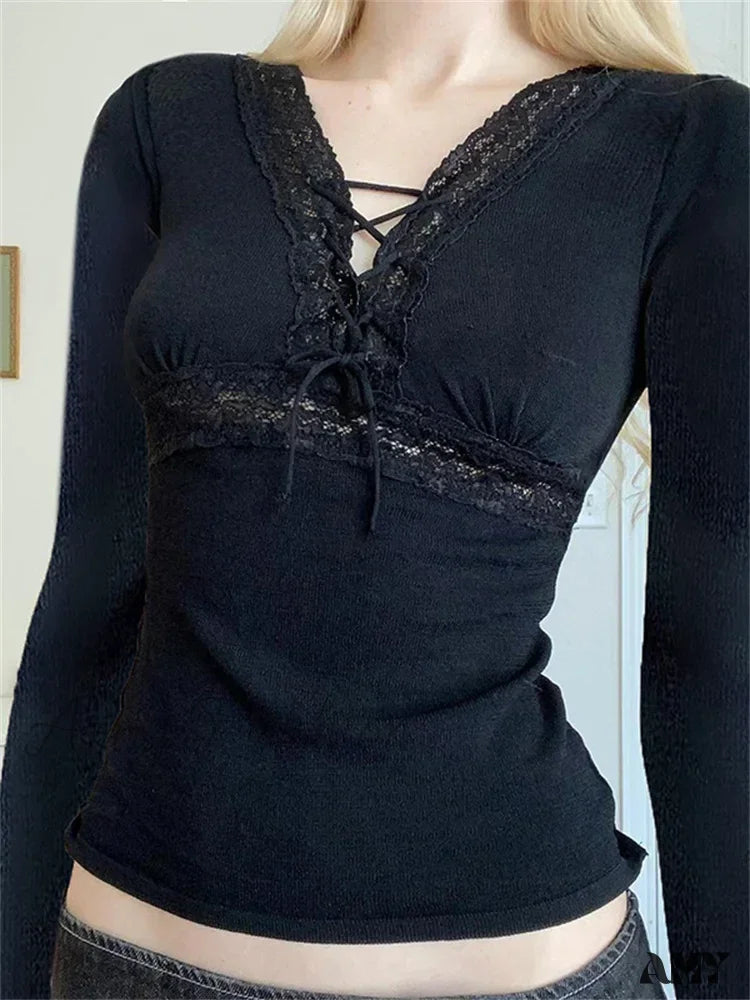 Price Meltdown Amy Fashion - Long Sleeve V Neck Tie-up Slim Fit Lace Vintage  Patchwork T-Shirts
