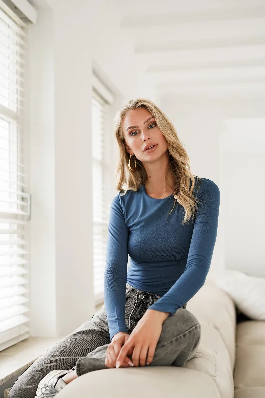 Unmissable Sale Basic top met lange mouwen denim blauw - Zia