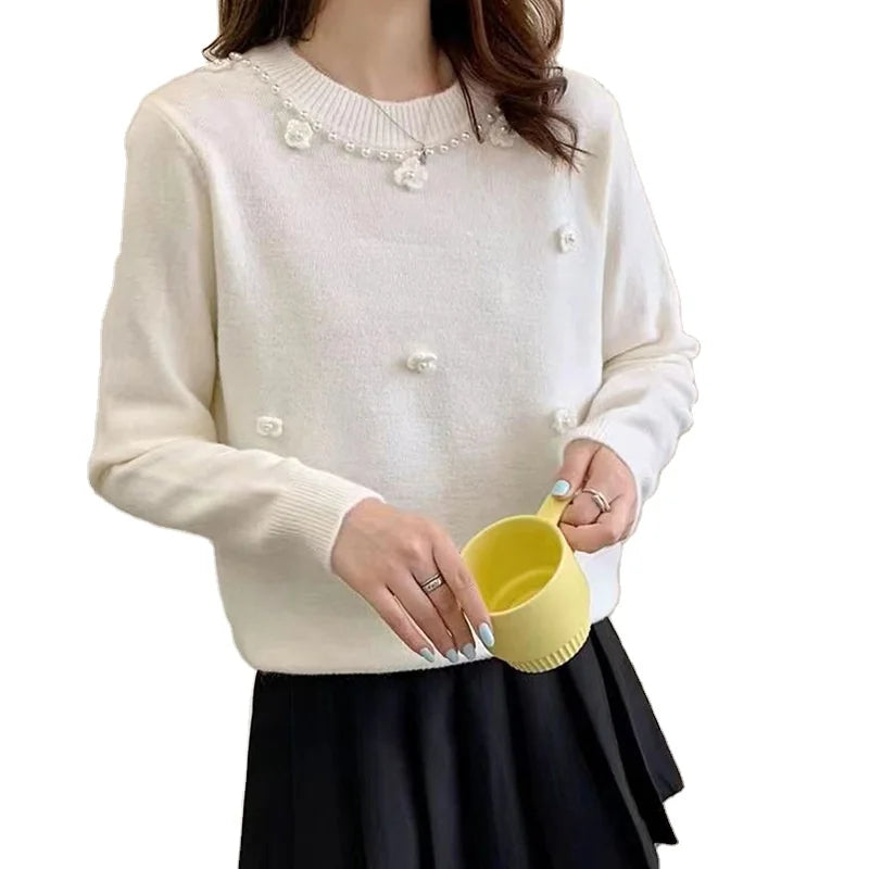 Crazy Savings 2024 Spring fashionable women crew neck long sleeve solid beading floral pullover sweater jumper