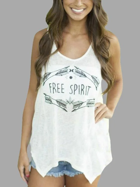 Super Sale Custom Scoop Neck Letter Sleeveless Irregular Hem White Tank Top