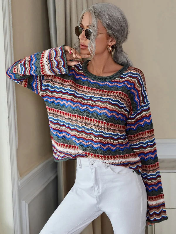 Huge Discounts Casual Striped Long Sleeve Round Neck Regular Women Sweater