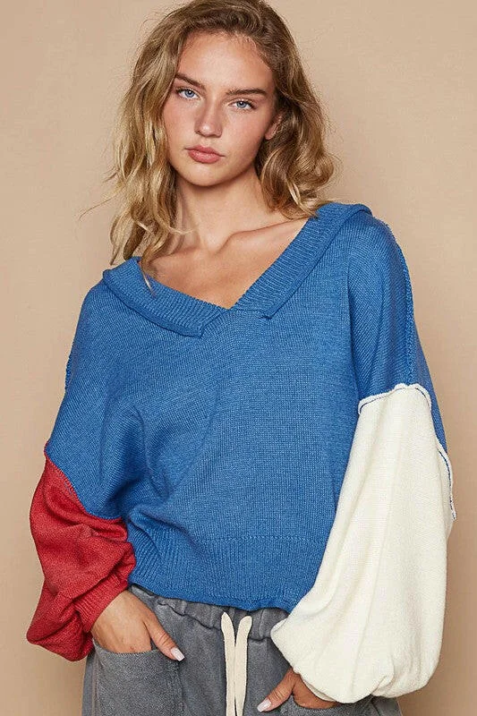 Weekend Deals to Make You Happy POL Exposed Seam Contrast V-Neck Lantern Sleeve Sweater Weekend Deals to Make You Happy POL Exposed Seam Contrast V-Neck Lantern Sleeve Sweater