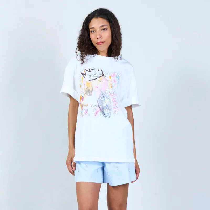 Season Finale Sale White casual t-shirt with girl print wholesale
