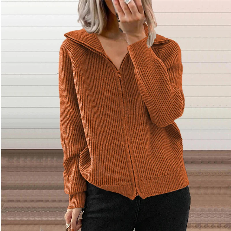 Year-End Clearance Casual Loose Zipper Cardigan Long Sleeve Lapel Knit Jacket Wholesale Womens Clothing