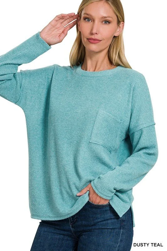 Flash Sale Ribbed Brushed Melange Hacci Sweater with a Pocket