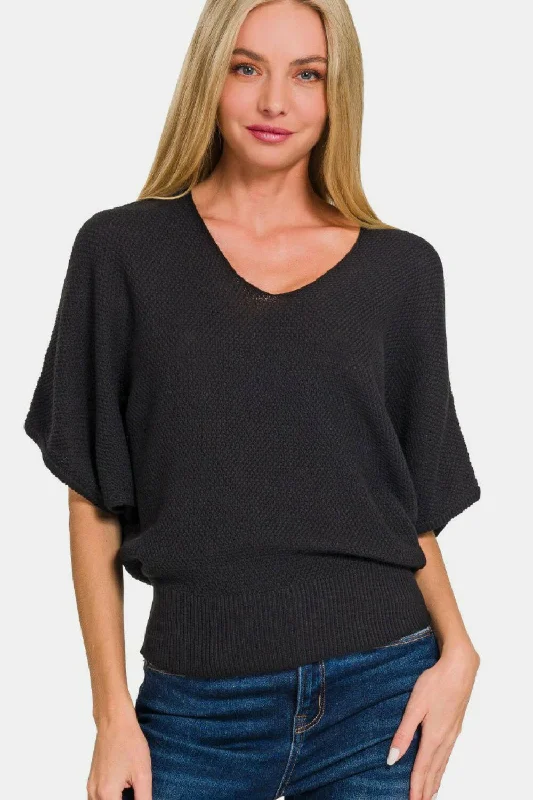 Super Sale Zenana V-Neck Short Sleeve Dolman Sweater