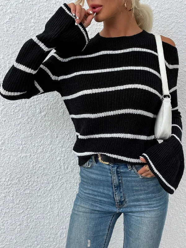 Savings Galore Casual Striped Long Sleeve Cold Shoulder Long Women Sweater