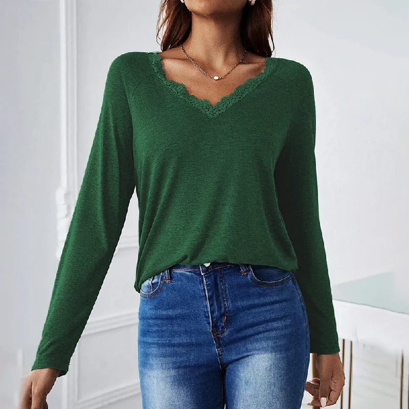 Steal Deal V-Neck Lace Stitching Loose Casual T-Shirts Wholesale Womens Tops