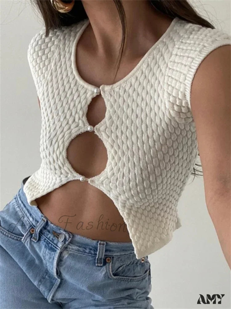 Unmissable Sale Amy Fashion - Short Sleeve Ruched O-Neck Buttons Up Y2K Knitted Crop T-shirts