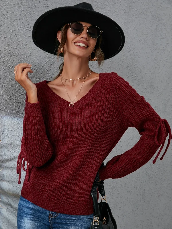 Special Discount Casual Plain Lace Up Long Sleeve V Neck Regular Women Sweater