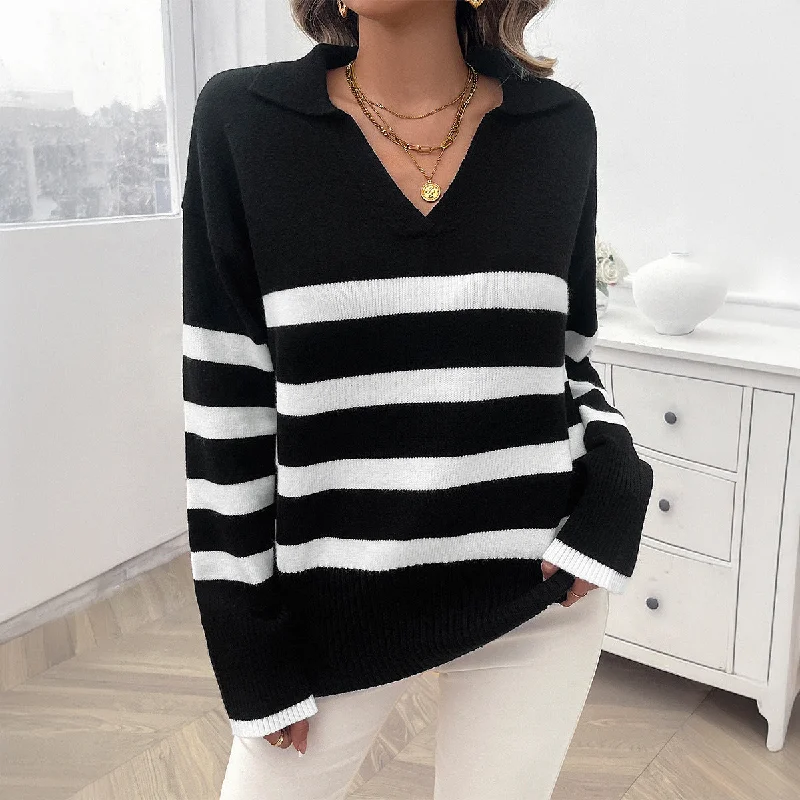 Lowest Price Autumn Winter Casual Loose Contrast Color Lapel Sweater Top Wholesale Womens Clothing N3824062400016