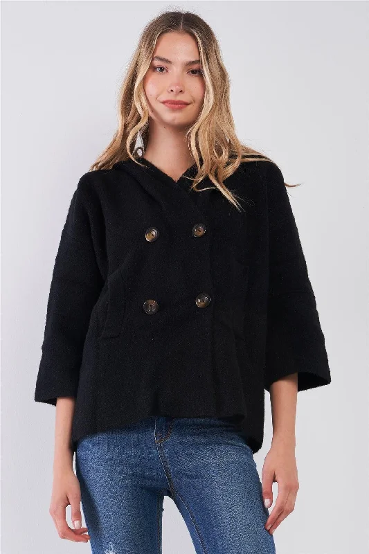 Online Only Black Knit Buttoned Front 3/4 Sleeve Hooded Cardigan