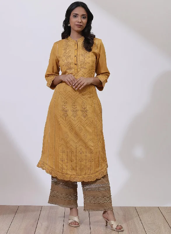 Deep Savings Mustard Sequins Work Pleated Kurta