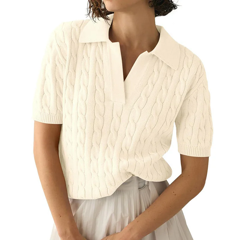 Weekend Offers That Amaze Polo Collar Short Sleeve Solid Color Twisted Knit Sweater Wholesale Womens Clothing N3824072900046 Weekend Offers That Amaze Polo Collar Short Sleeve Solid Color Twisted Knit Sweater Wholesale Womens Clothing N3824072900046