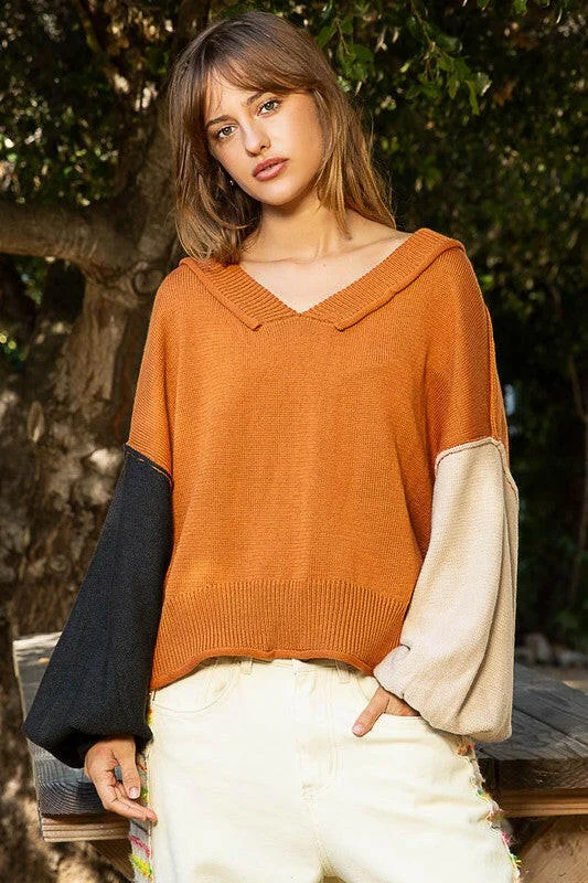 Weekend Offers That Tempt POL Exposed Seam Roll Edge Color Block V Neck Sweater