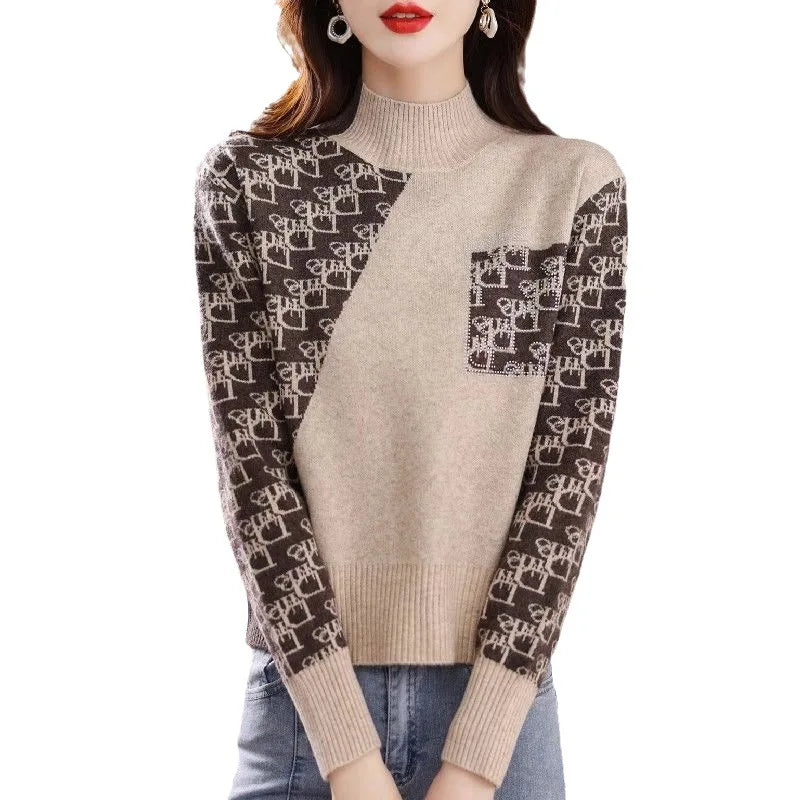 One-Day Only 2024 spring high-quality best-selling semi-high-neck long sleeve slim striped plaid jacquard women's knitwear