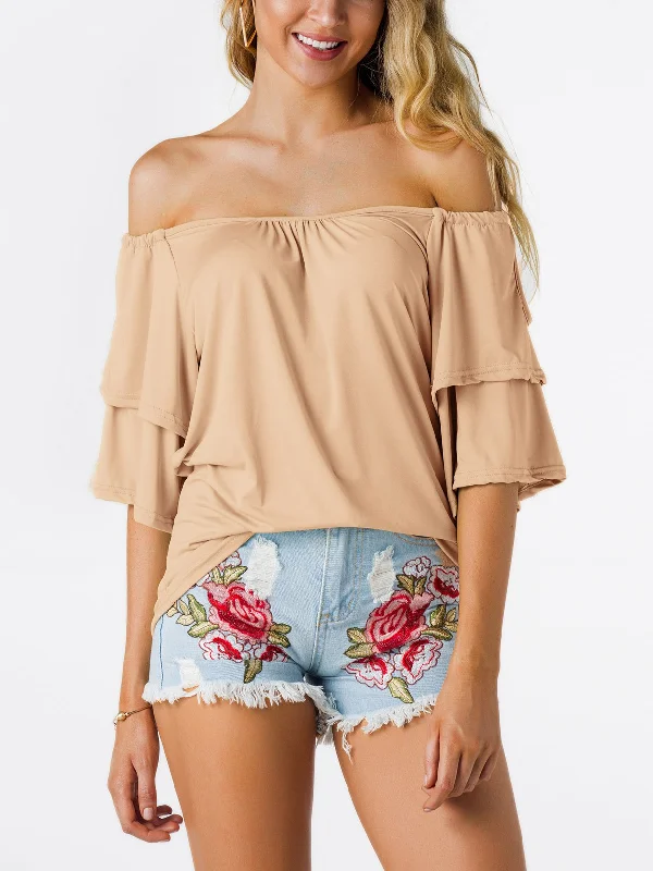 Deal Alert Custom Off The Shoulder Plain Tiered Half Sleeve Top