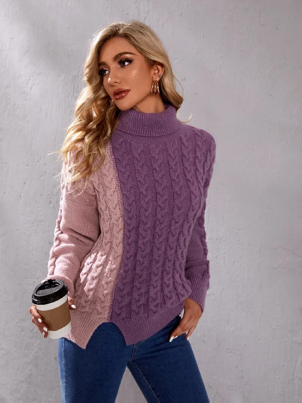 Weekend Offers That Excite Casual Colorblock Split Long Sleeve High Neck Slit Long Women Sweater