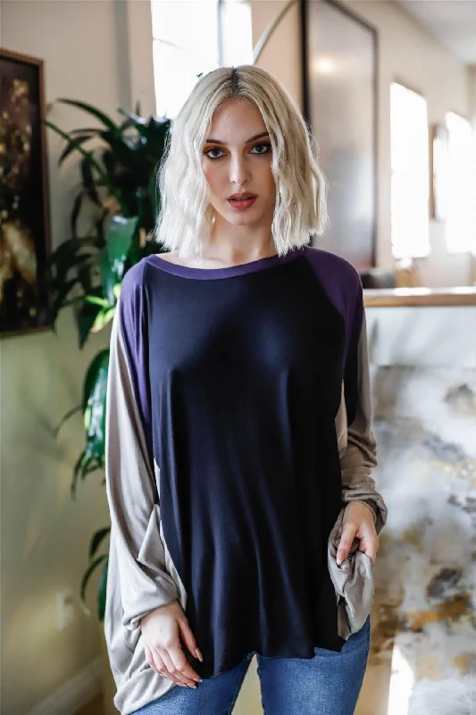 Instant Deal Black & Purple Colorblock Dolman Sleeve Oversized Top