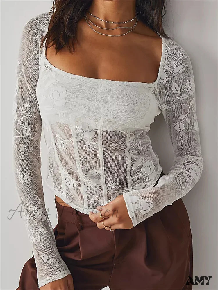 Don’t Miss Out Amy Fashion - Long Sleeve See Through Retro Square Neck Lace T-Shirts
