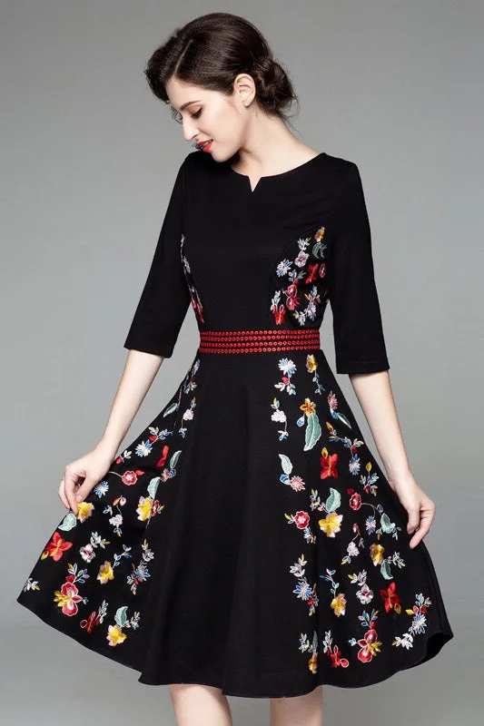 Stock Clearance Black Dress W/ Floral Embroidery