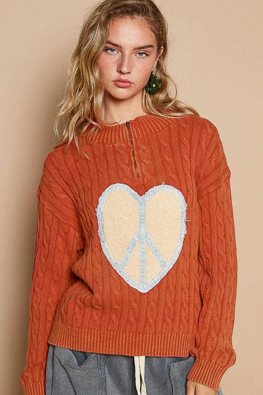 Weekend Discounts to Delight POL Cable-Knit Peace Patch Dropped Shoulder Sweater