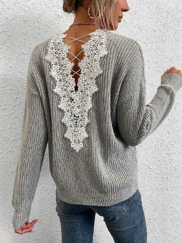 Sale Alert Casual Colorblock Contrast Lace Long Sleeve V Neck Regular Women Sweater