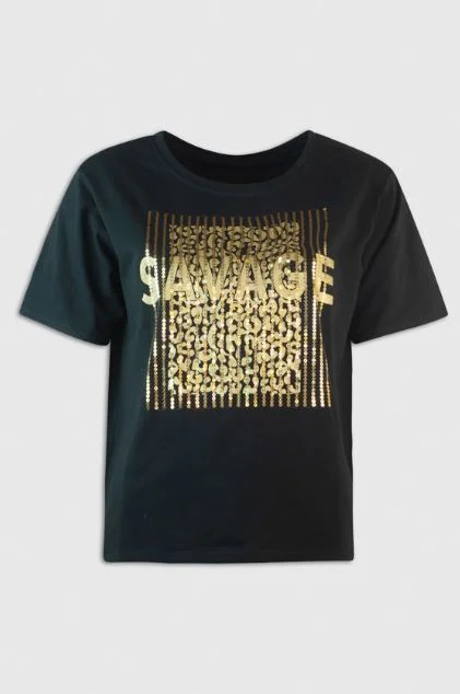 Buy More, Save More Md'M Black Tshirt With Gold Savage Sequin Print