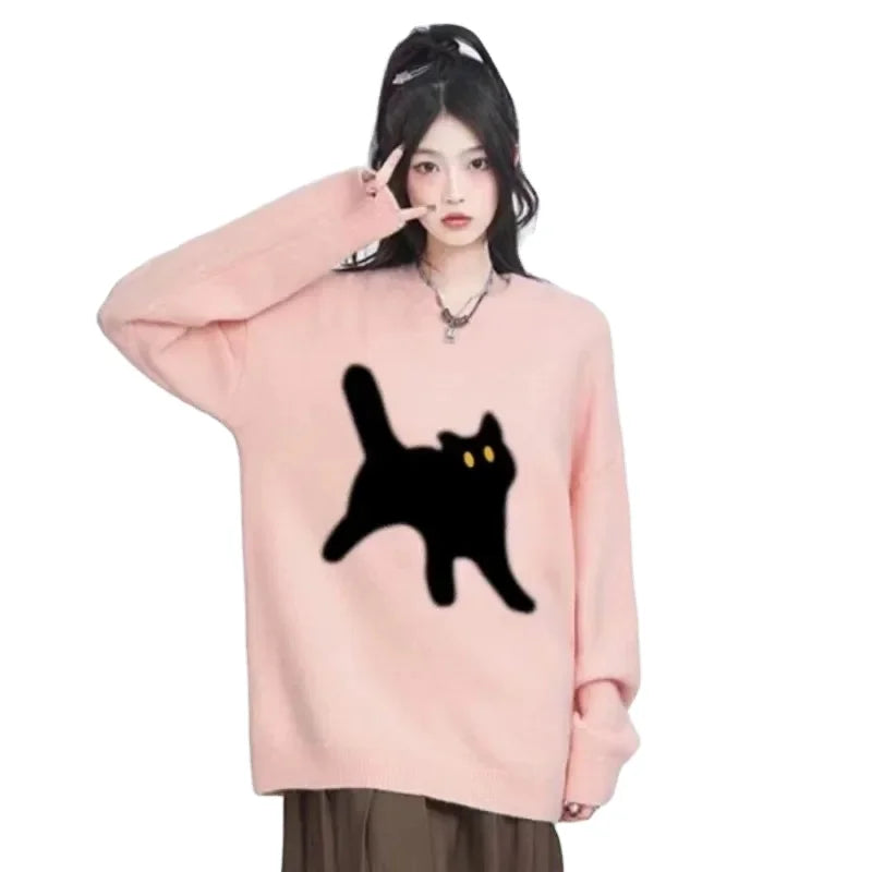 Price Drop 2024 spring and fall new arrivals best-selling girls' regular loose crew-neck kitten print cartoon knit pullover sweater