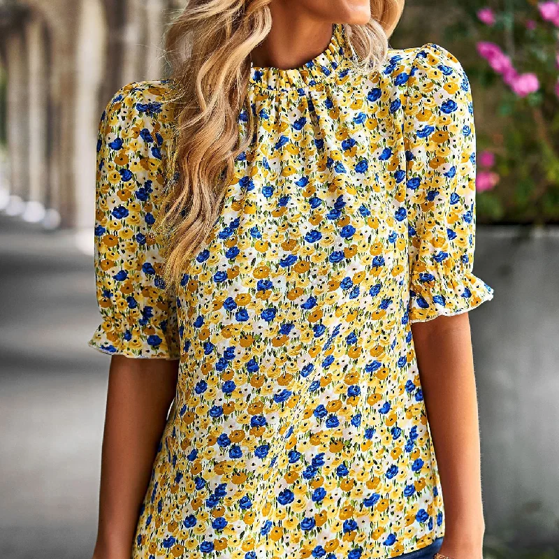 Year-End Sale Casual Ruffled Stand Collar Floral Print Short Sleeve Shirt Wholesale Womens Tops STN538030