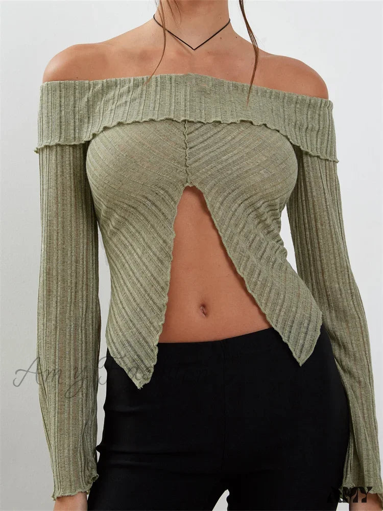 Year-End Sale Amy Fashion - Slash Neck Off Shoulder Solid Color Slim Fit T-Shirts