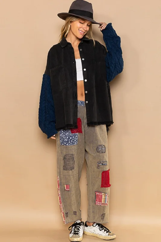 Final Clearance POL Contrast Sweater Sleeve Button Down Shacket